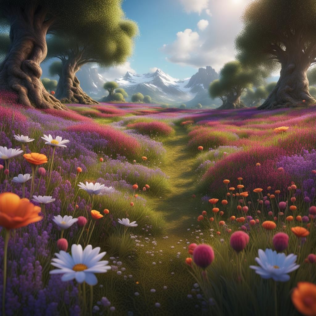 Lush Flower Meadow in Detailed Matte Painting