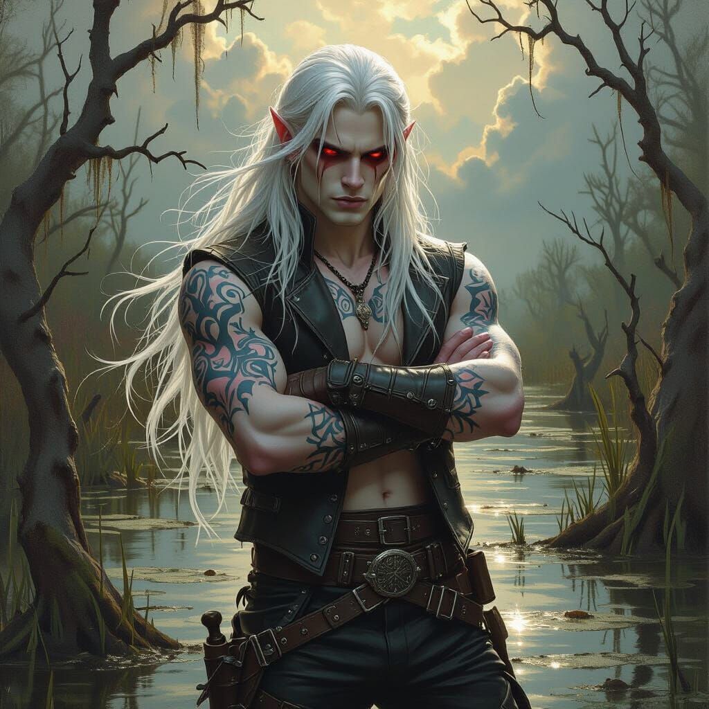 Handsome Albino Drow in Swamp: Oil Realism Style