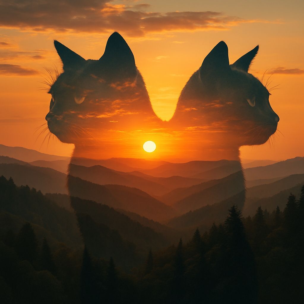 Cats Silhouette Double Exposure Over Smoky Mountain Sunset