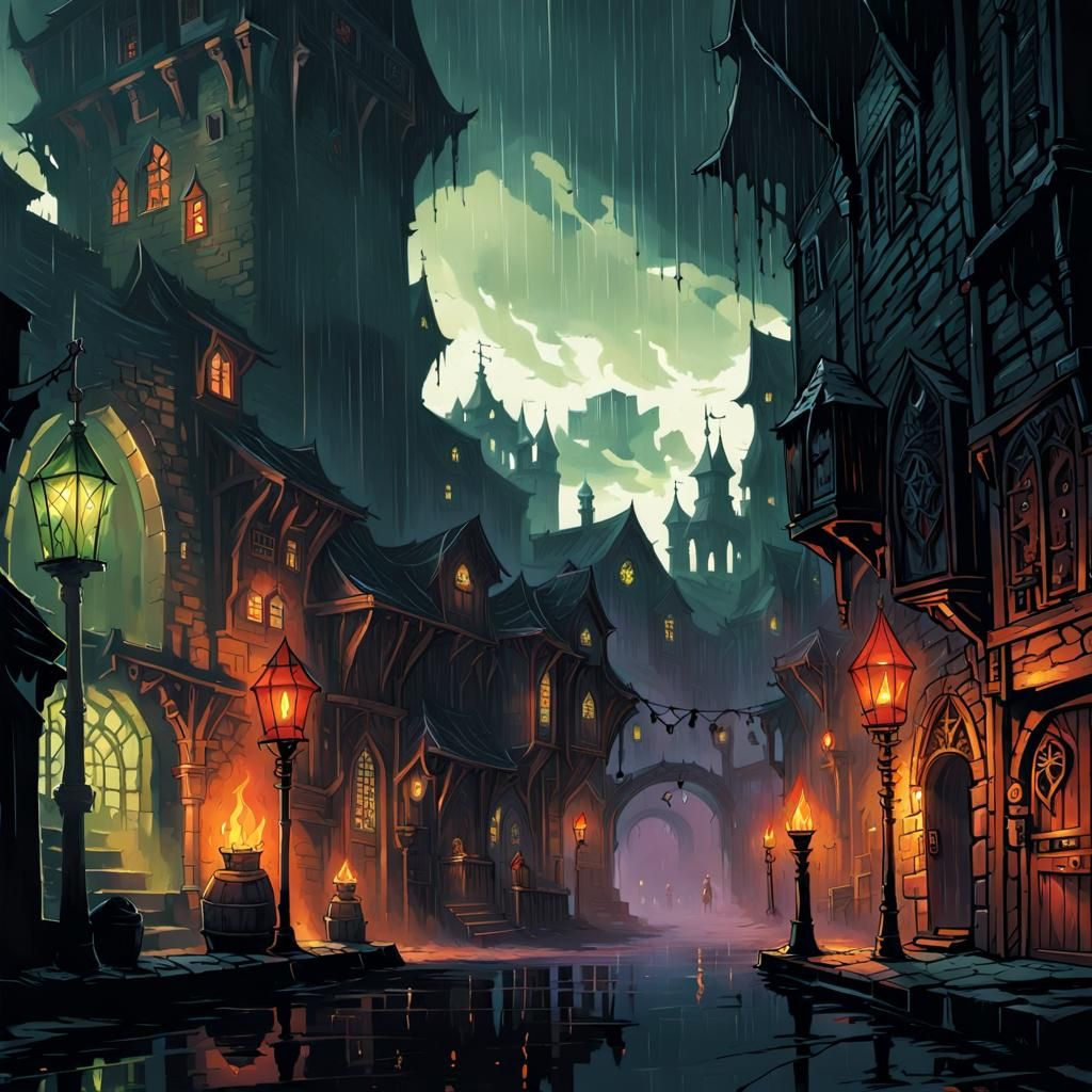 Rainy Alchemist Alley in Darkest Dungeon Comic Style
