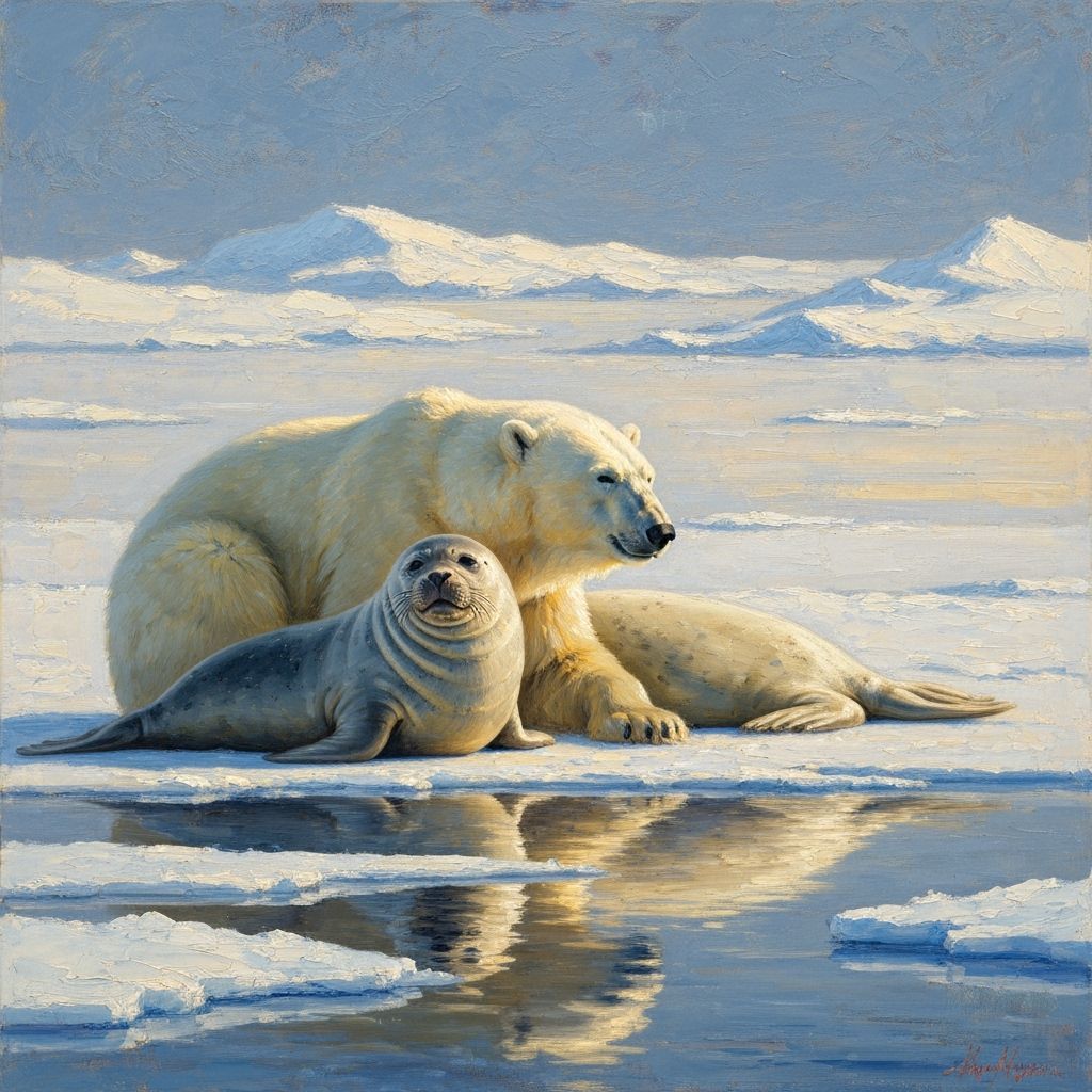 Polar Bear and Seal Friendship in Textured Oil Painting