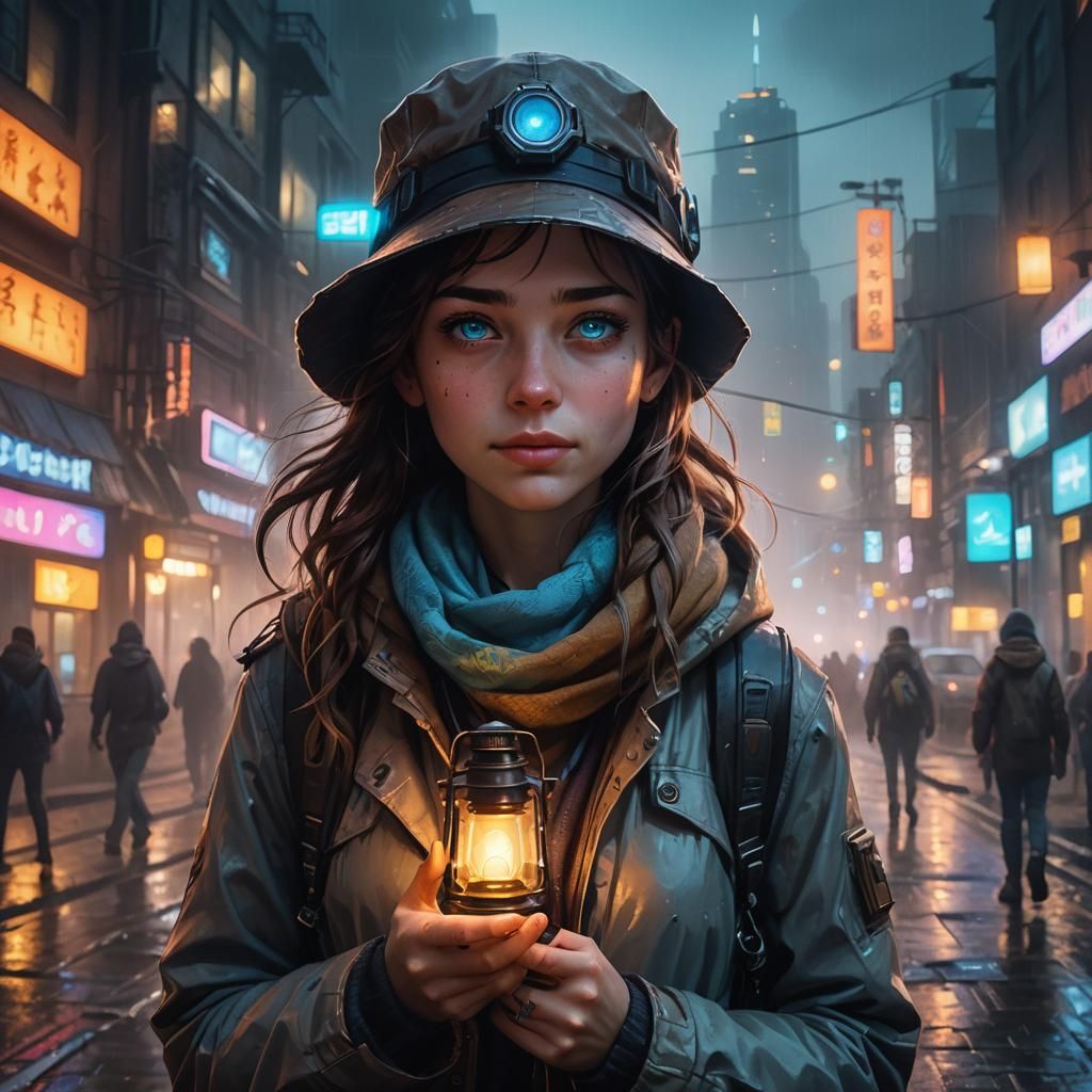 Cyberpunk Adventurer in Neon Cityscape