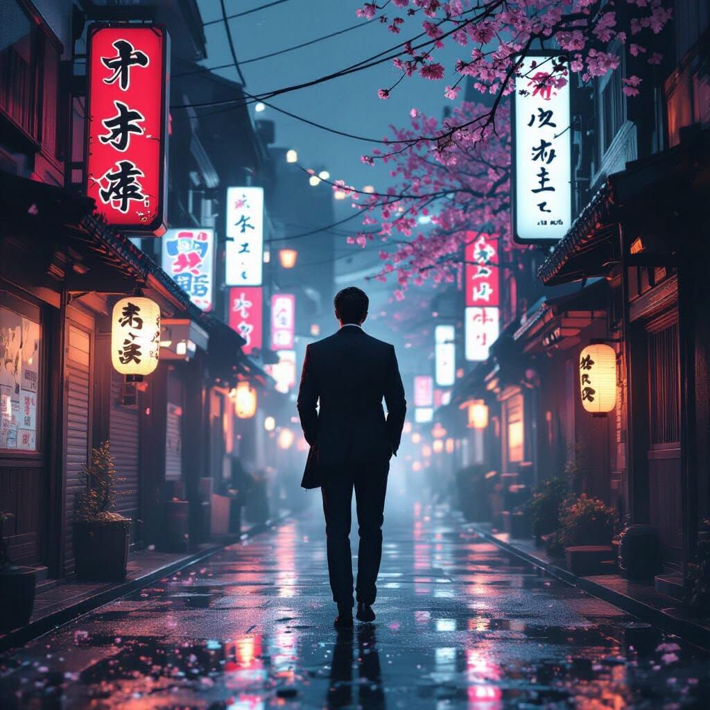 Neon Yakuza Alleyway in Film Noir Style