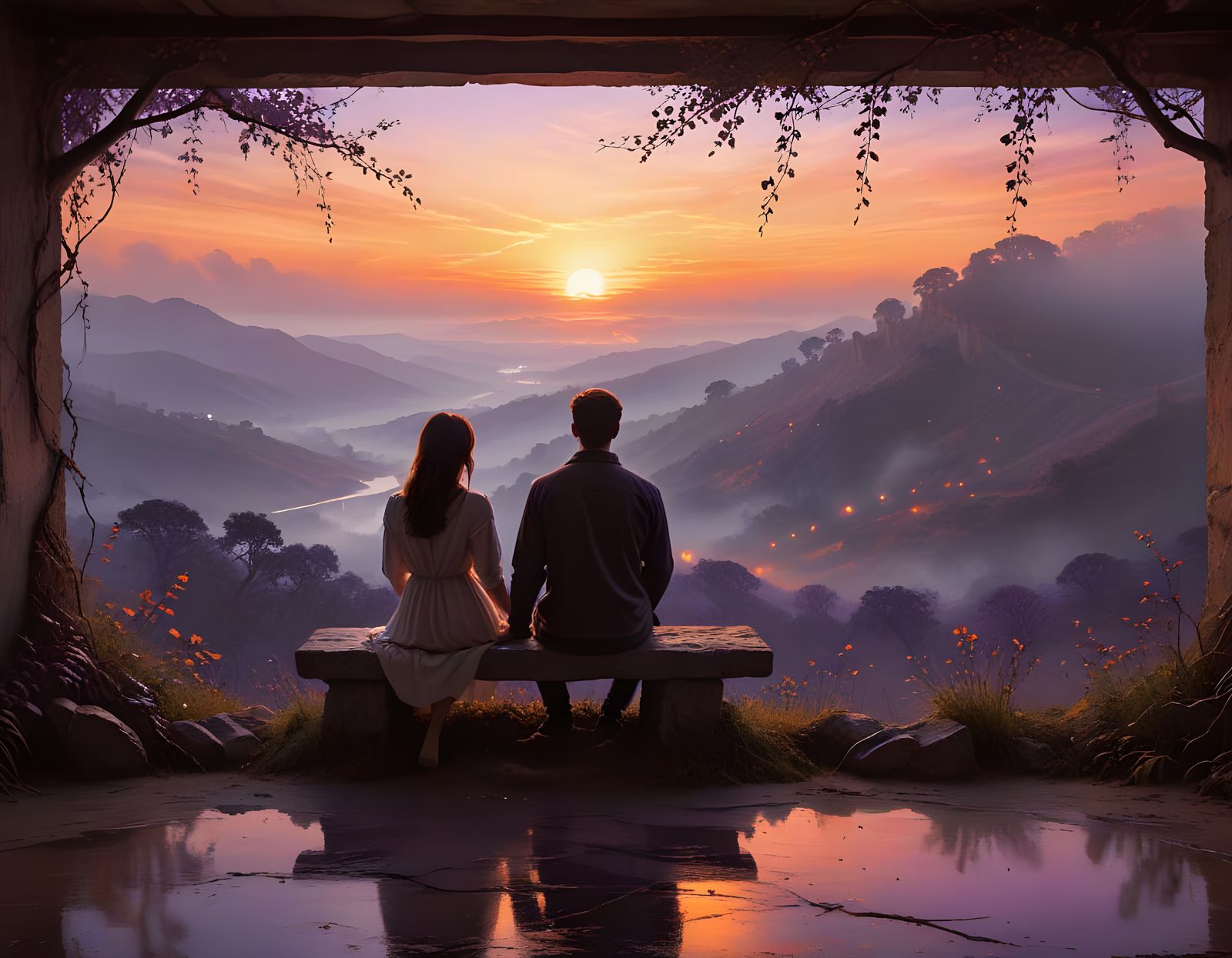 Couple in Autumn Valley with Bioluminescent Sunset