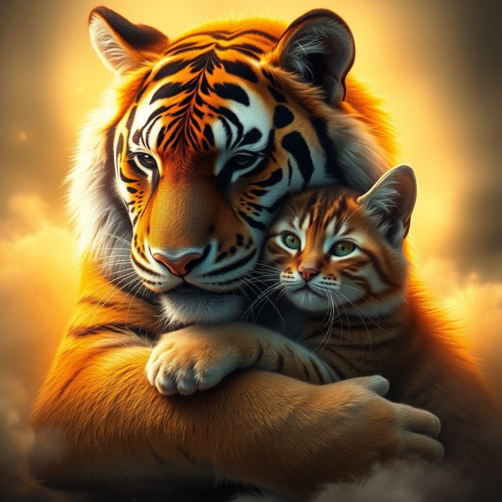 Tiger and Cat Share Heartwarming Embrace in Dreamlike Aura