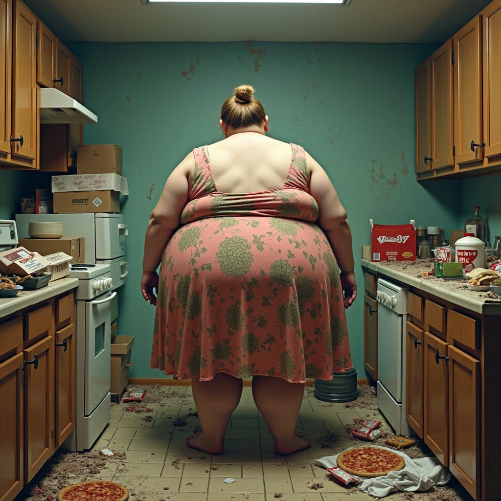 Obese Woman in Chaotic Kitchen: Matte Painting
