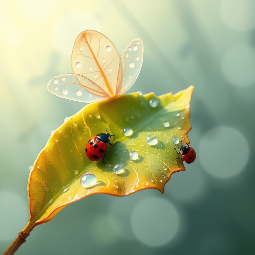 Impressionist Leaf Scene with Ladybug