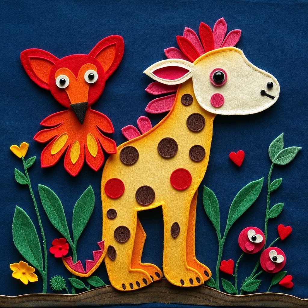 Whimsical Felt Animals in Folk Art Collage Style