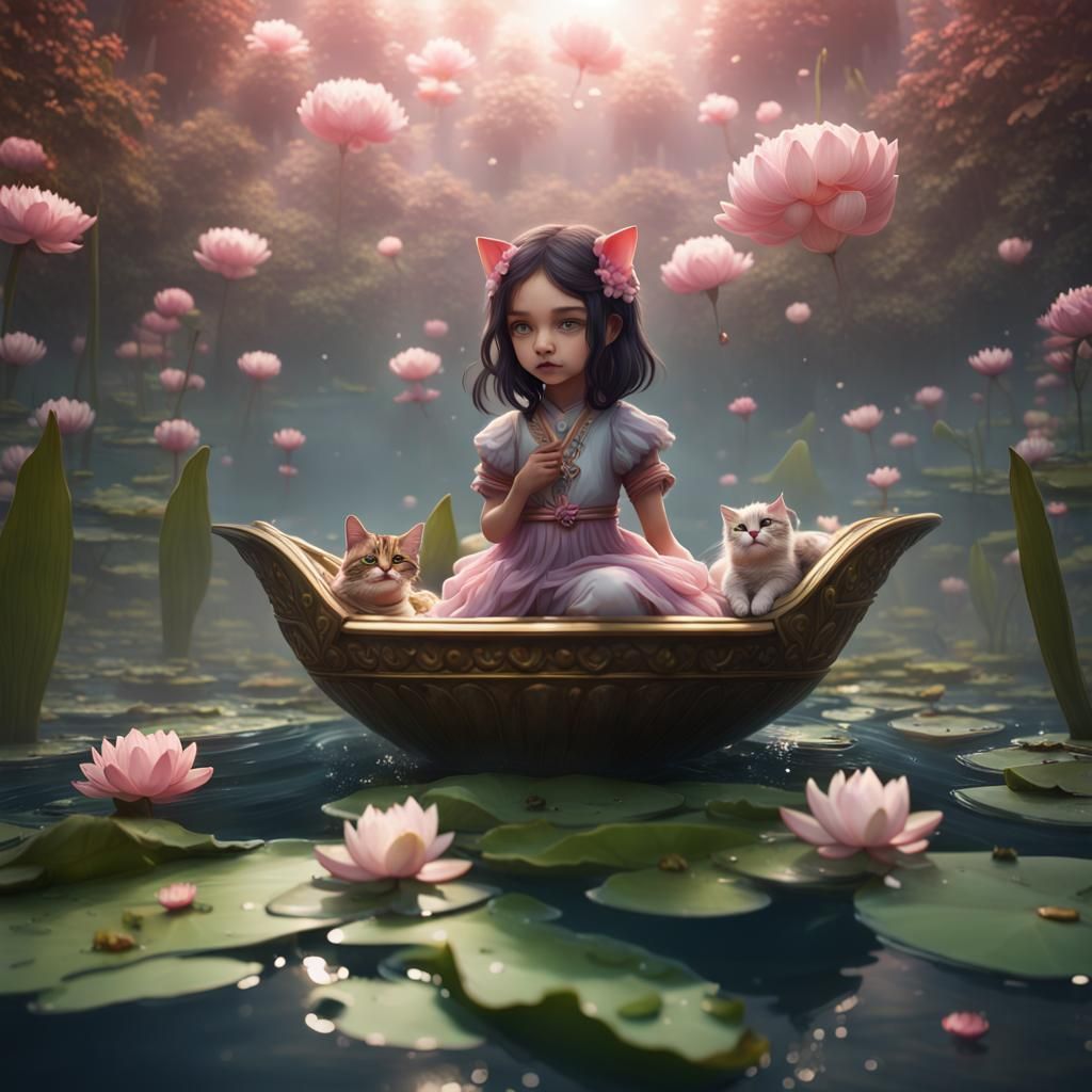 Girl and Cat on Blooming Lotus, Digital Art