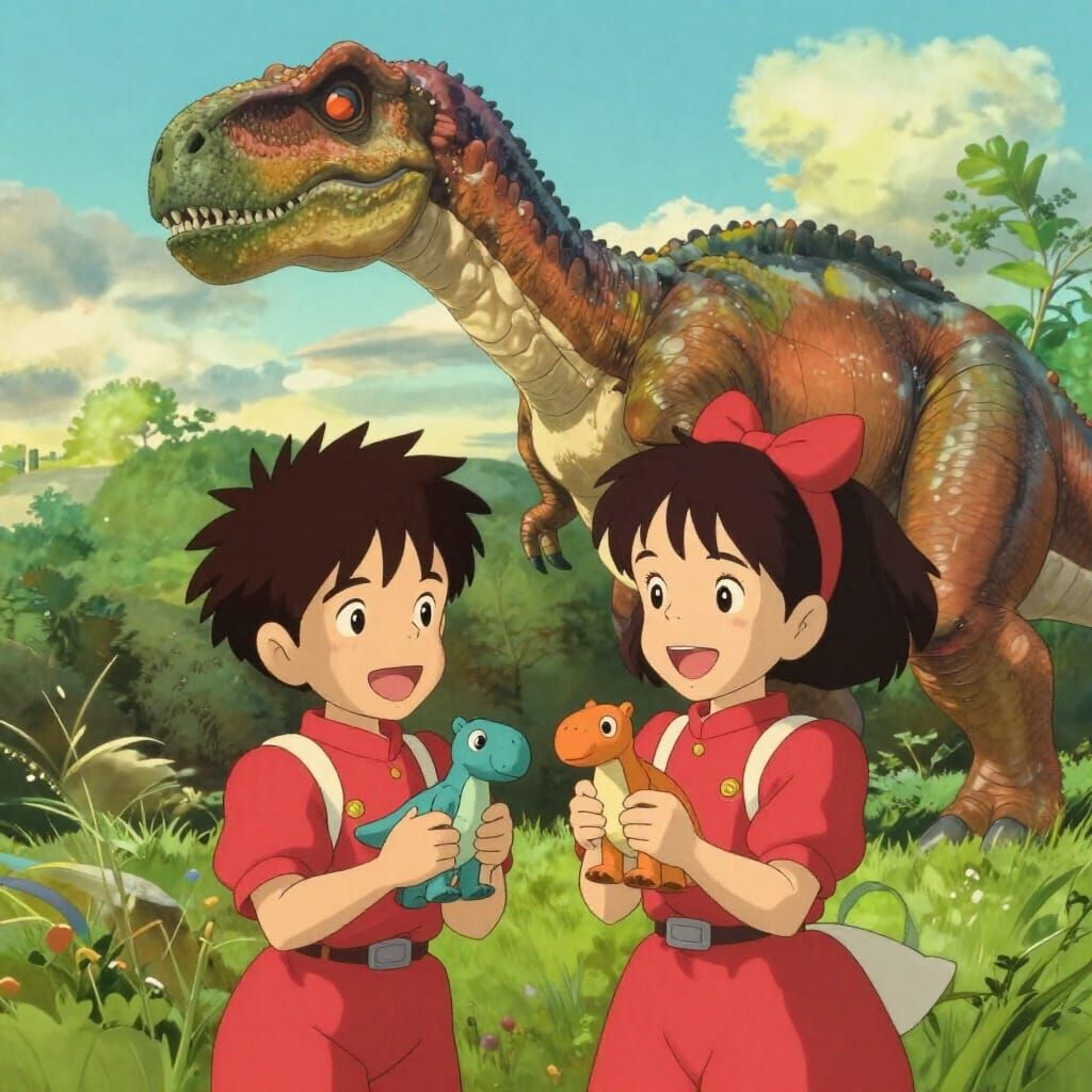Children Watching Dinosaur in Ghibli Style