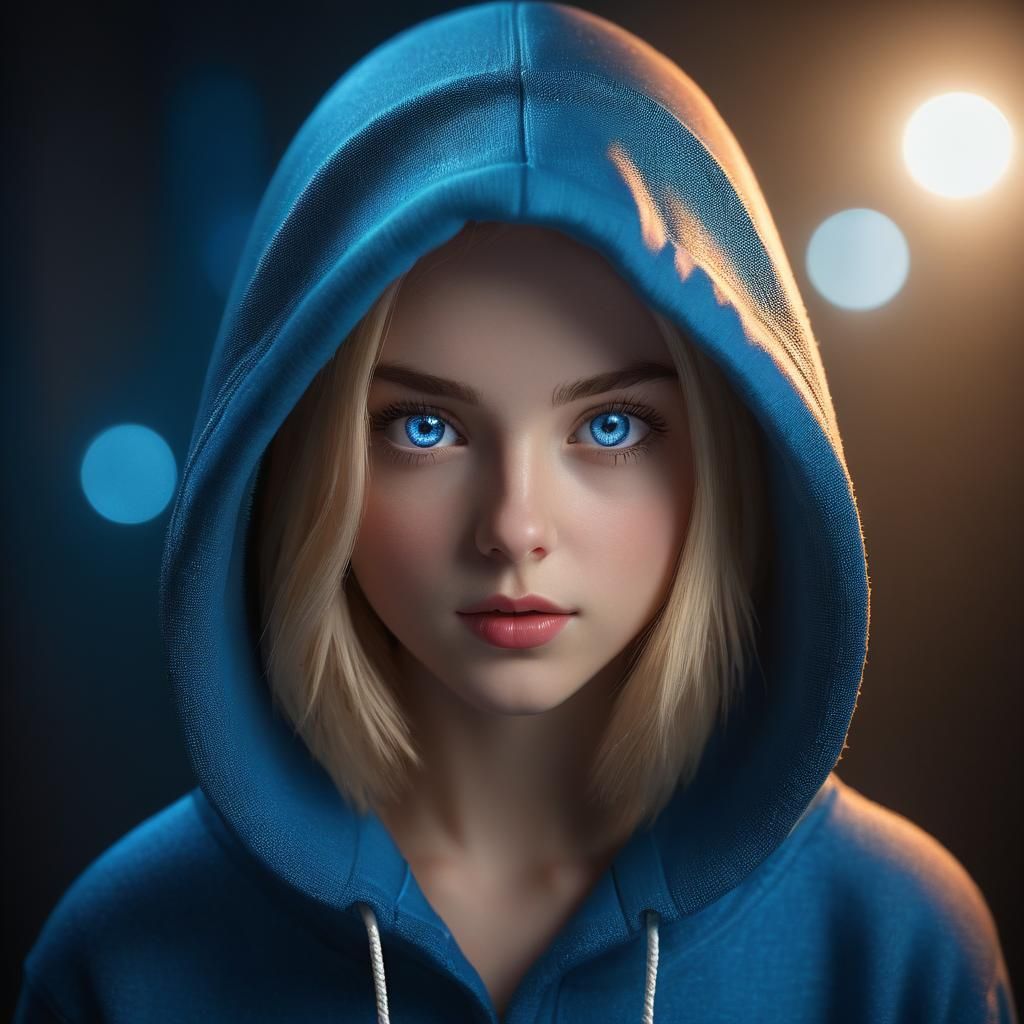 Glowing-Eyed Girl in Hoodie: Realistic Anime Portrait