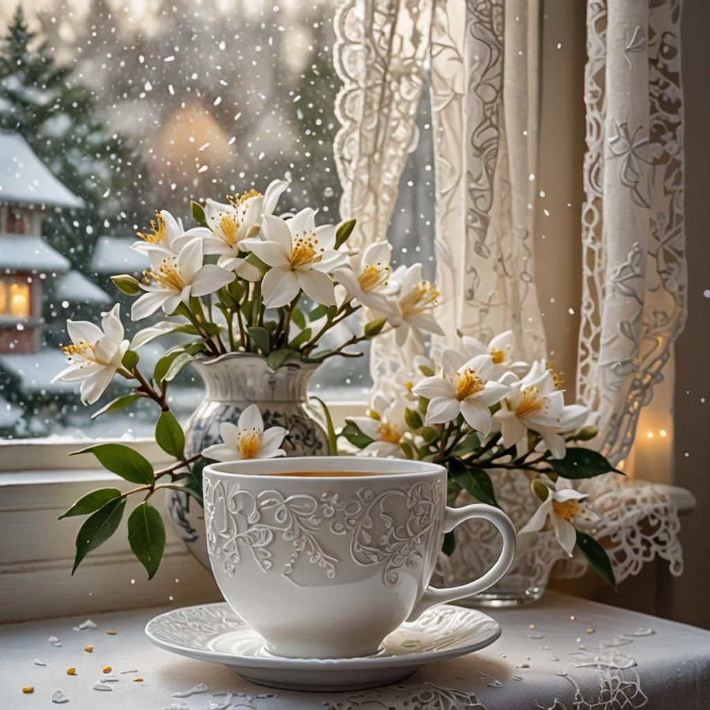 Jasmine Tea Cup on Snowy Windowsill Ink Illustration