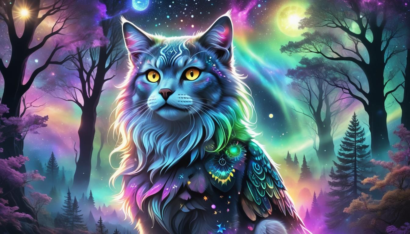 Mystical Gypsy Cat-Wolf-Owl in Astral Landscape