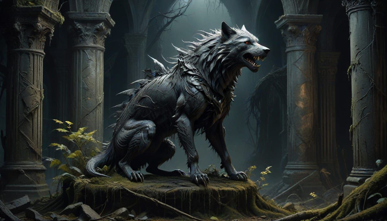 Dark Fantasy Werewolf Queen Reigns Over Ruined Throne Room
