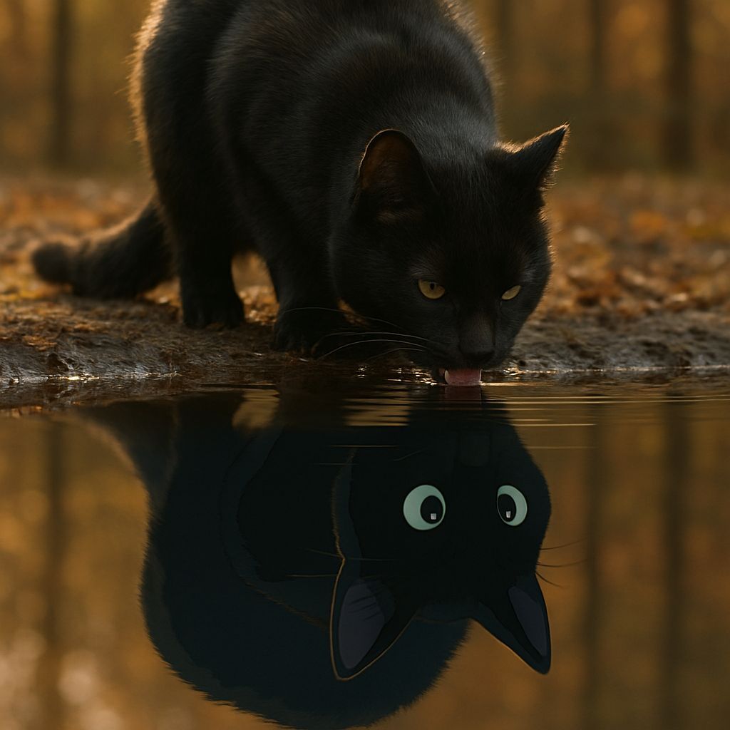 Black Cat's Ghibli Reflection in Mirror Pond