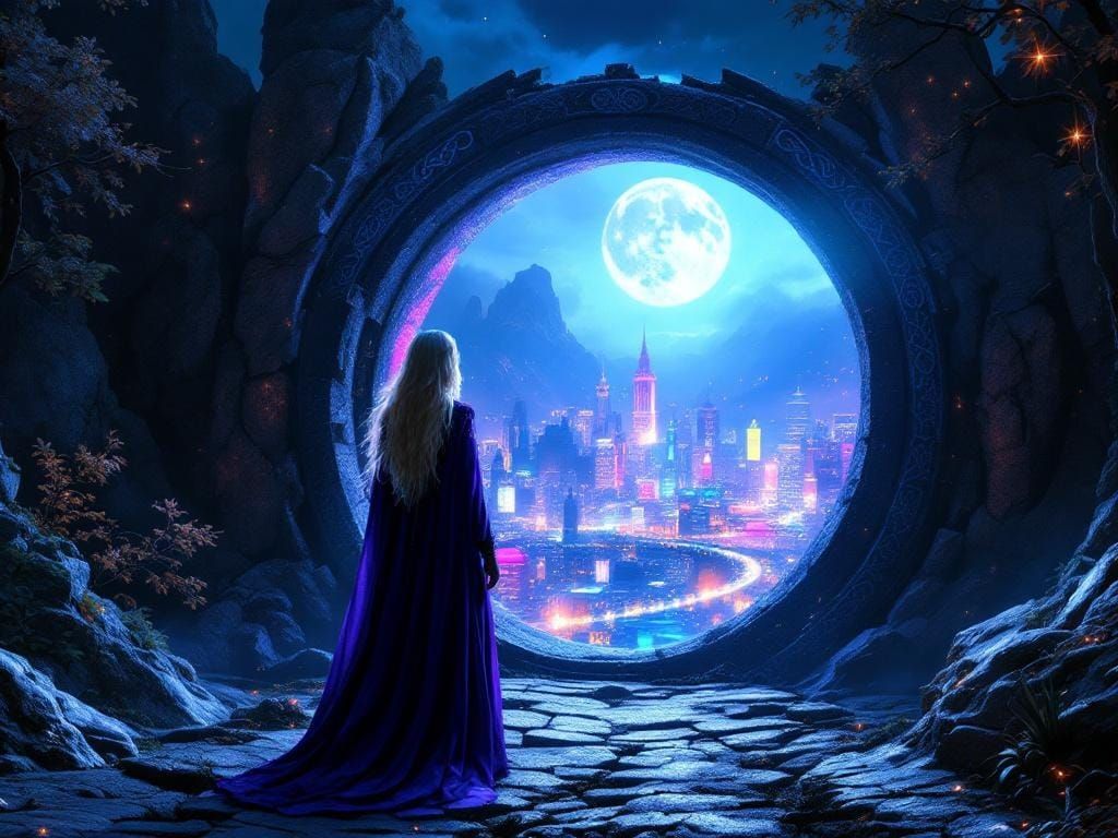 Celtic Witch and Dragon Discover Neon Cityscape