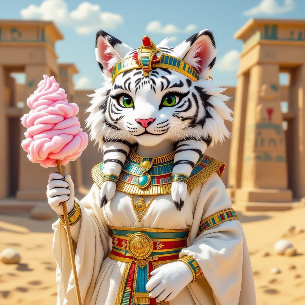 Cotton Candy White Tiger Girl in Egyptian Style