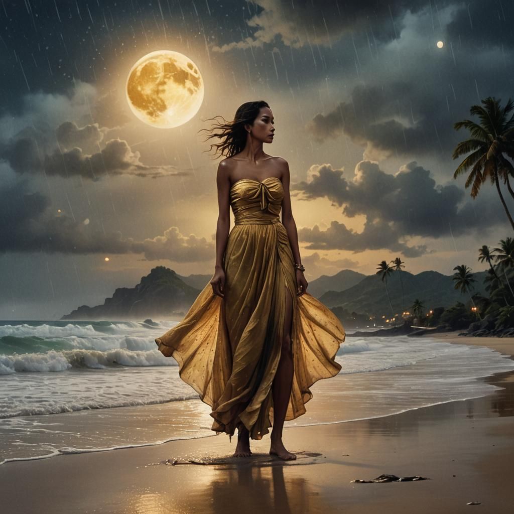 Woman on Puerto Rican Beach Under Golden Moon