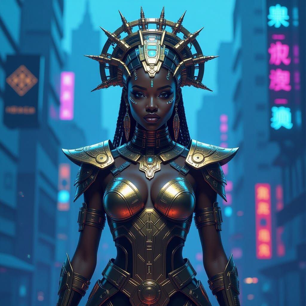 Futuristic African Goddess in Cyberpunk Cityscape