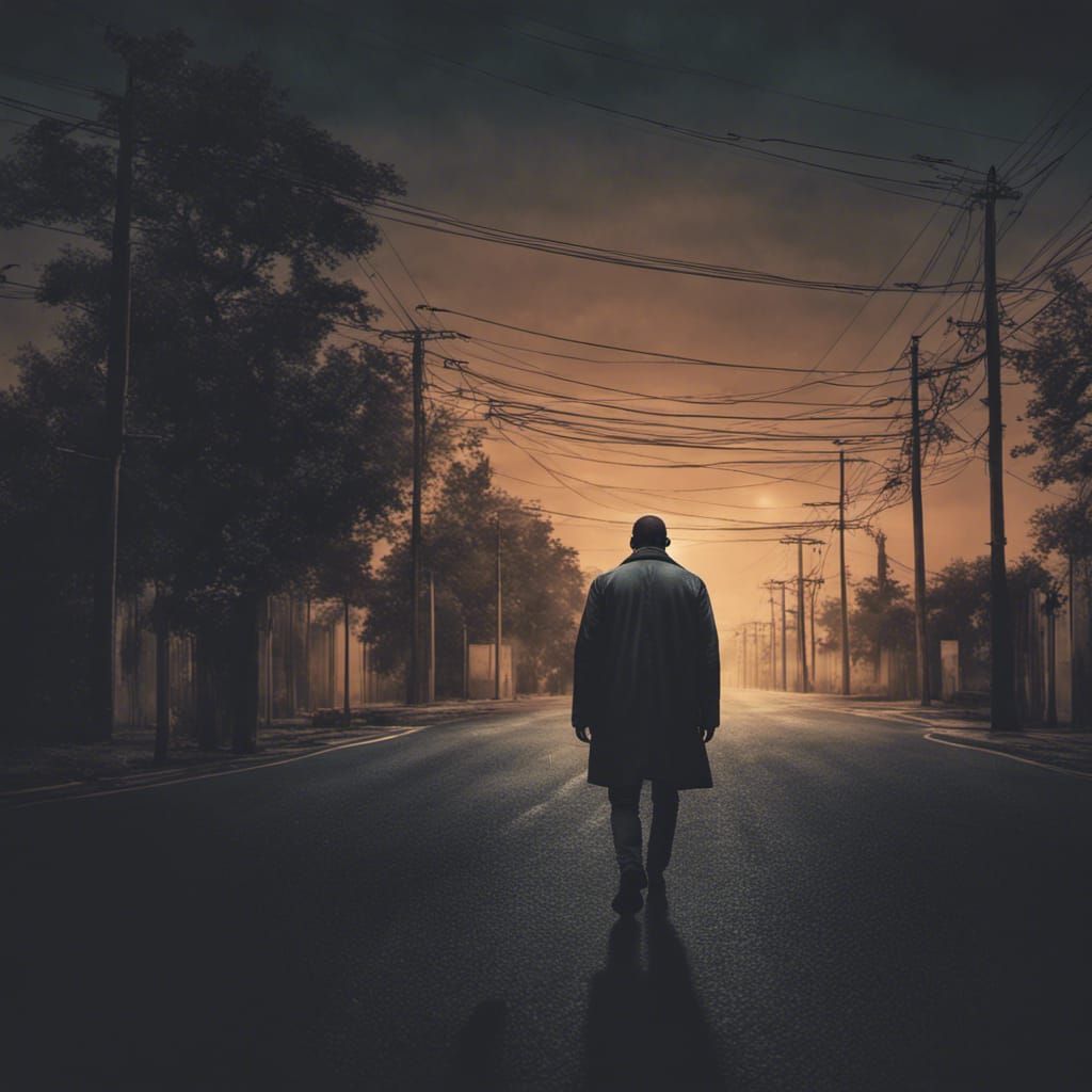 Lonely Night: Man Walks Road in Dark Landscape