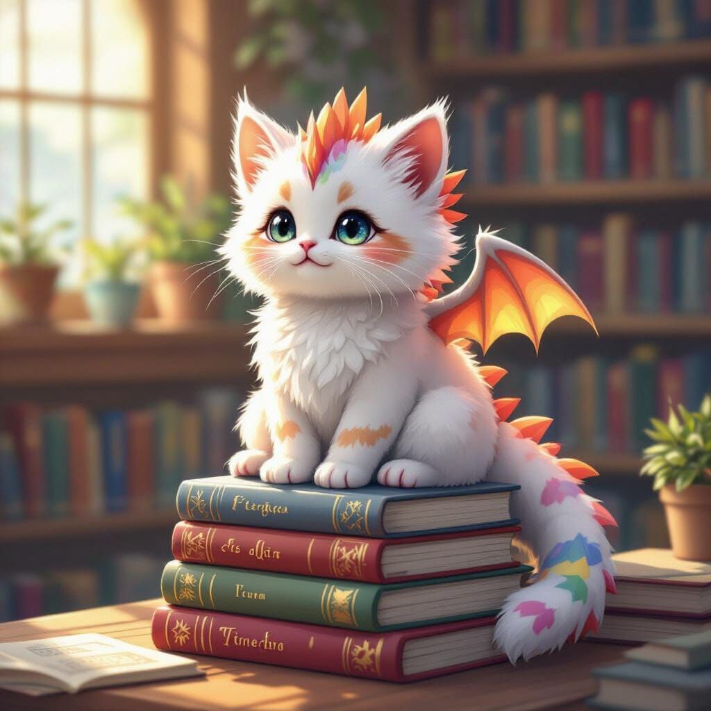 Gatitodragon in Cozy Library: A Heartwarming Scene