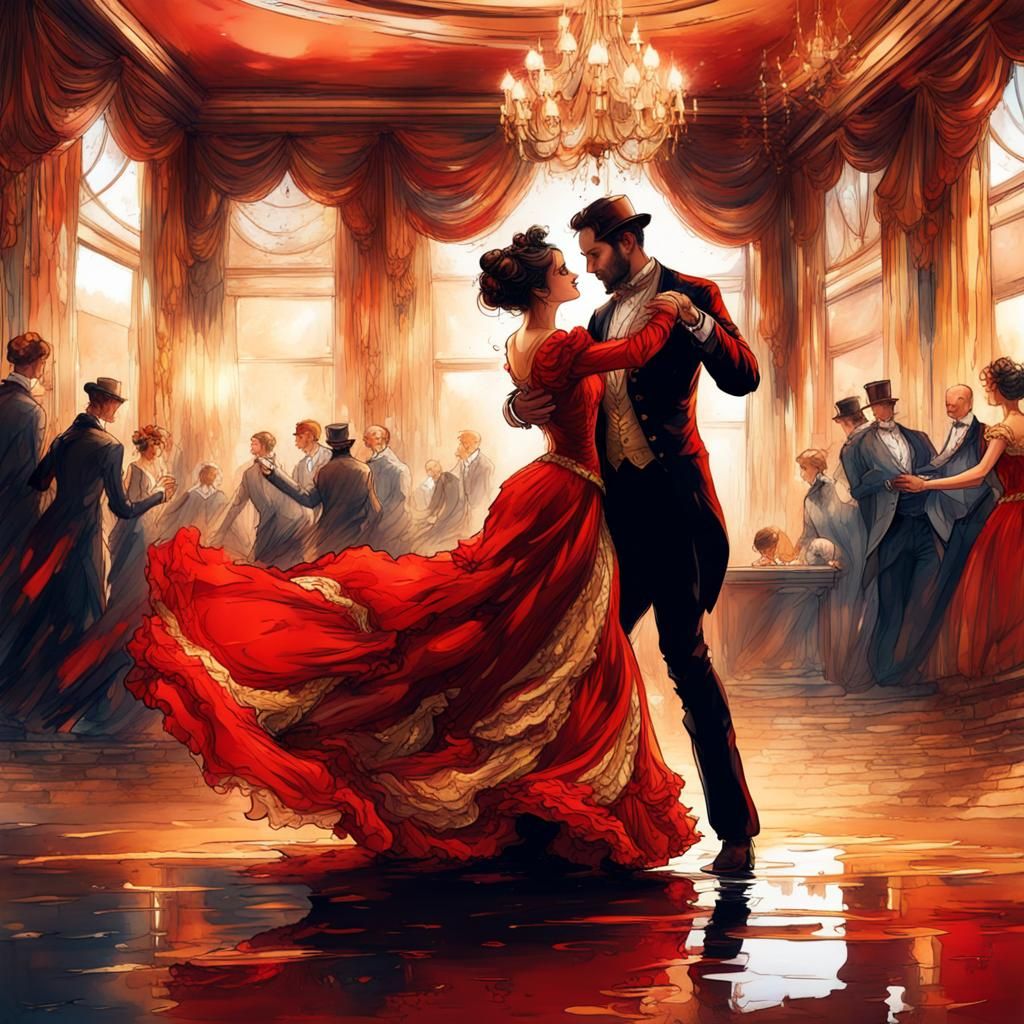 Victorian Couple's Ballroom Dance in Ink Splash Art
