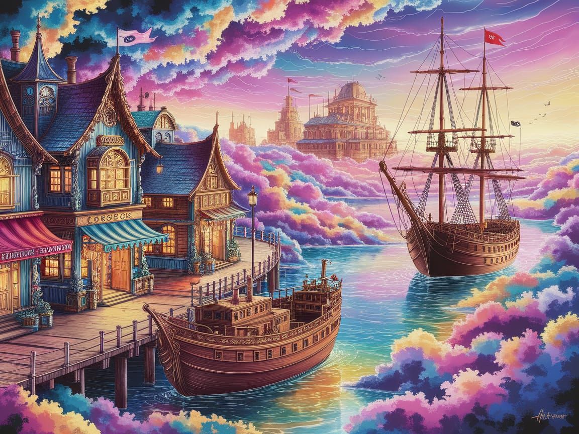 Floating Trading Port in Watercolor Style