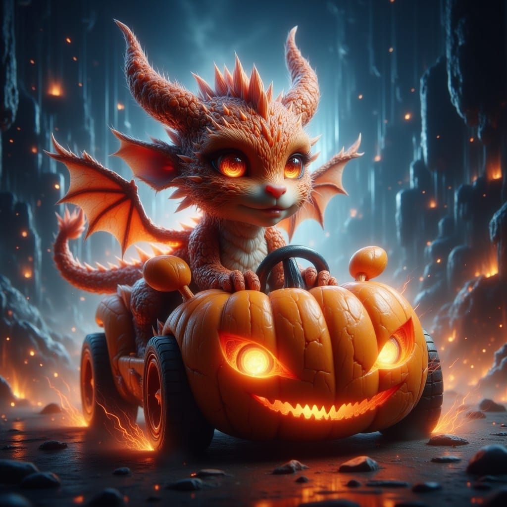 Chibi Dragon Races in Pumpkin Car