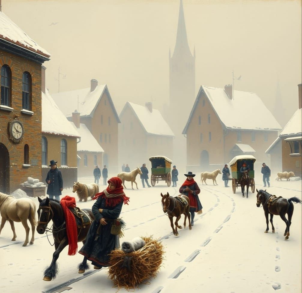 Misty Medieval Town Square in Winter Snow