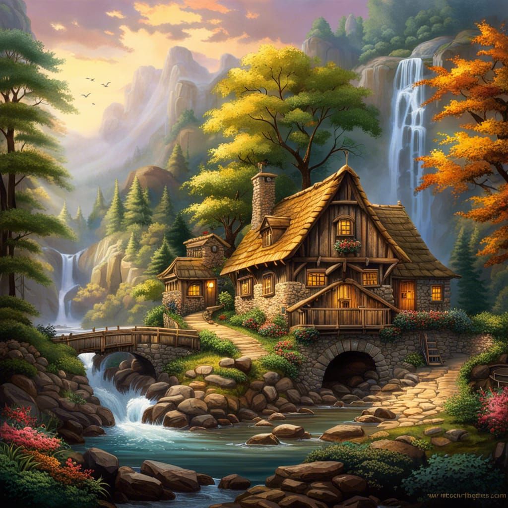 Enchanted Watermill in Fantasy Landscape, Digital Painting