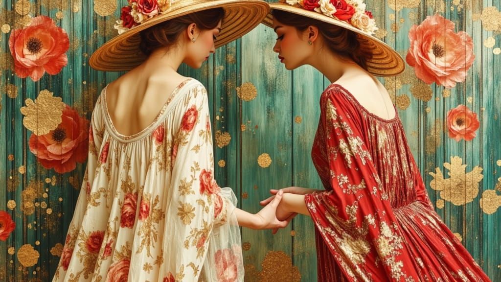 Elegant Women in Floral Dresses, Oil Painting Style