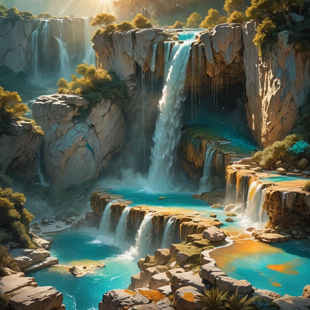 Fantasy Waterfall with Turquoise Pool and Golden Light