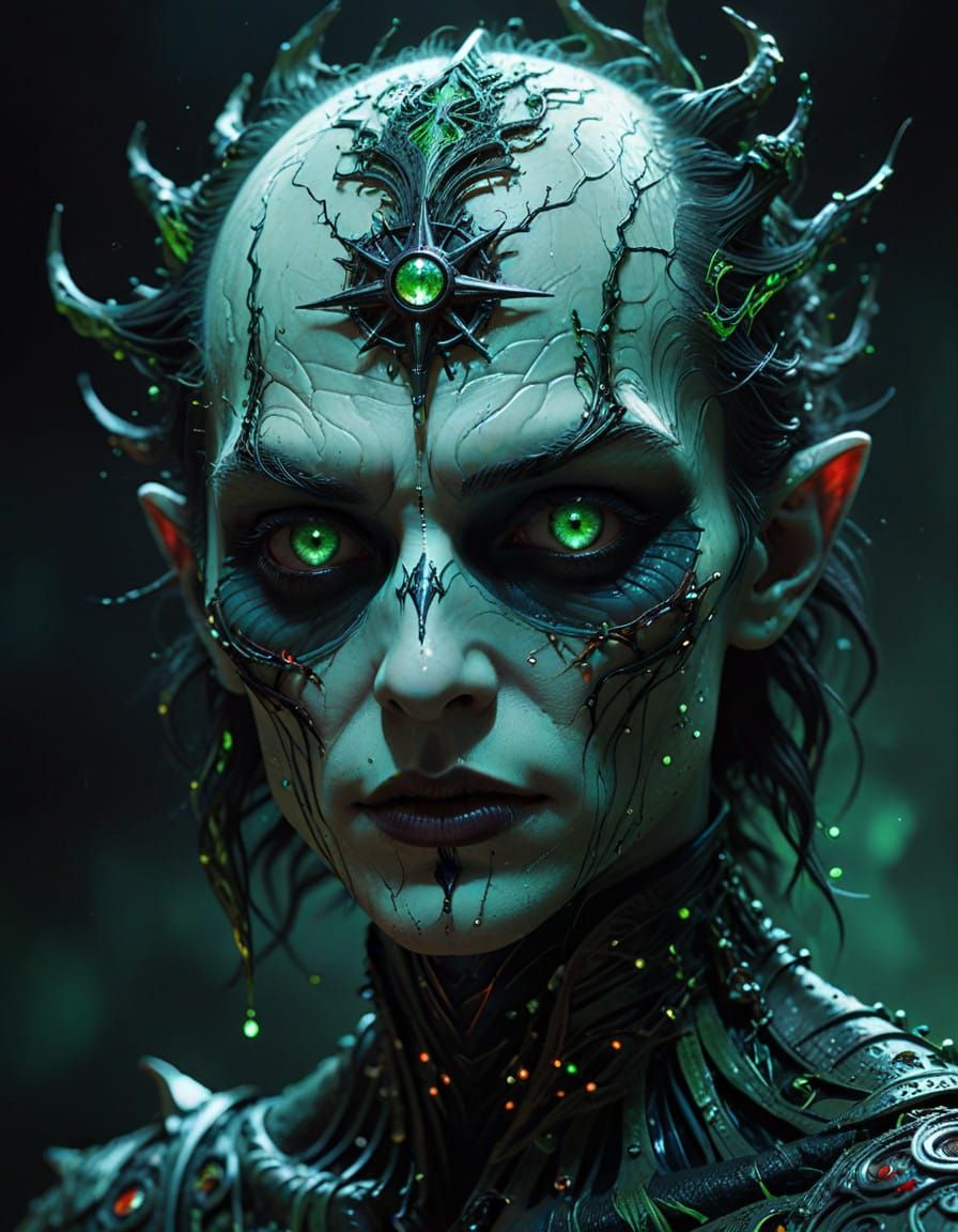 Surreal Close-up of Vampire's Glowing Eyes and Forehead with...