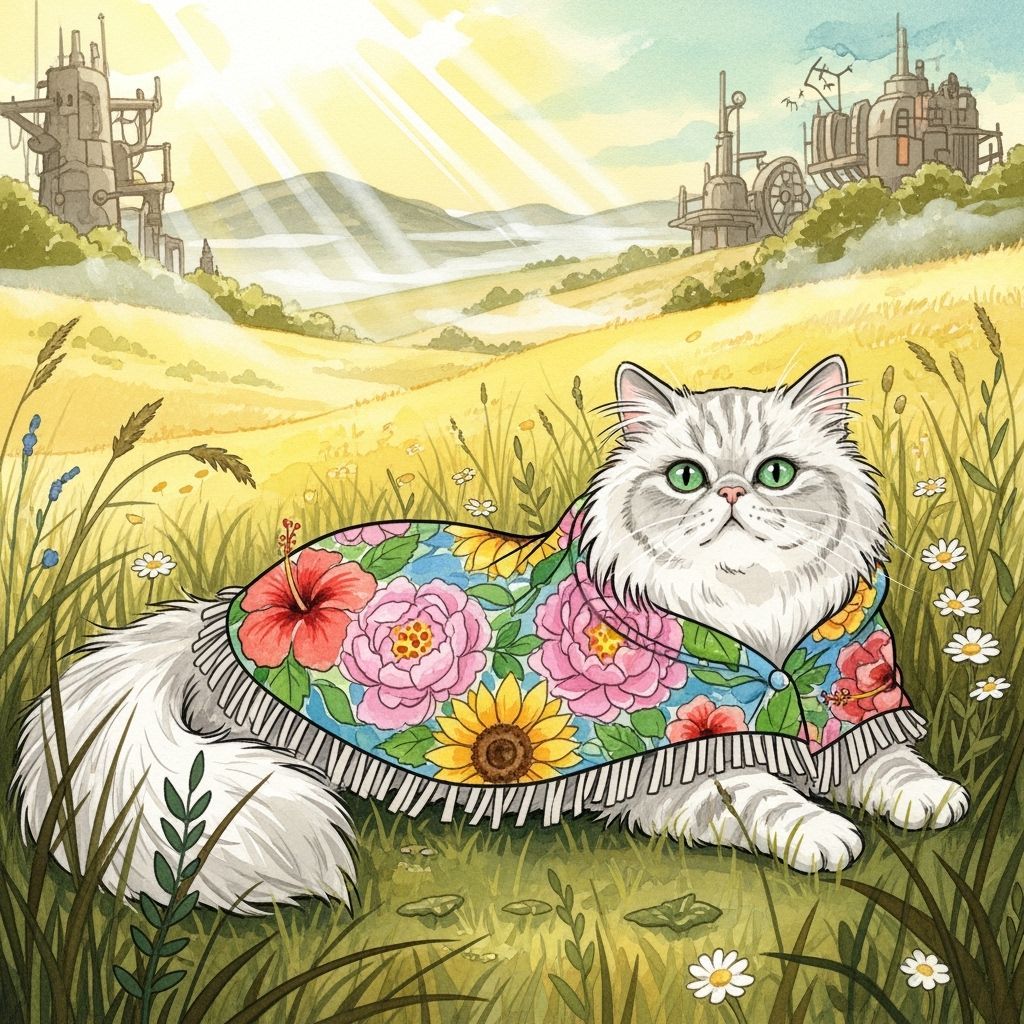 Cat in Floral Shawl Plays in Sunny Meadow