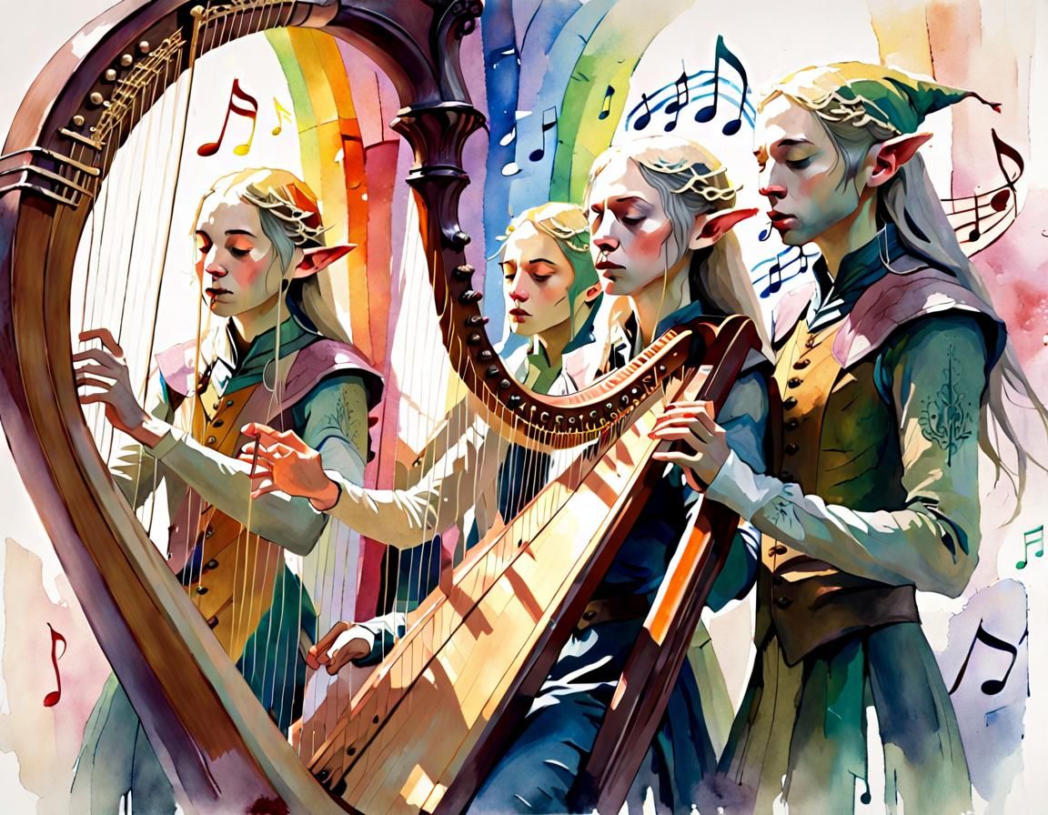 Elven Minstrels' Symphony of Love: Surreal Watercolour Portr...
