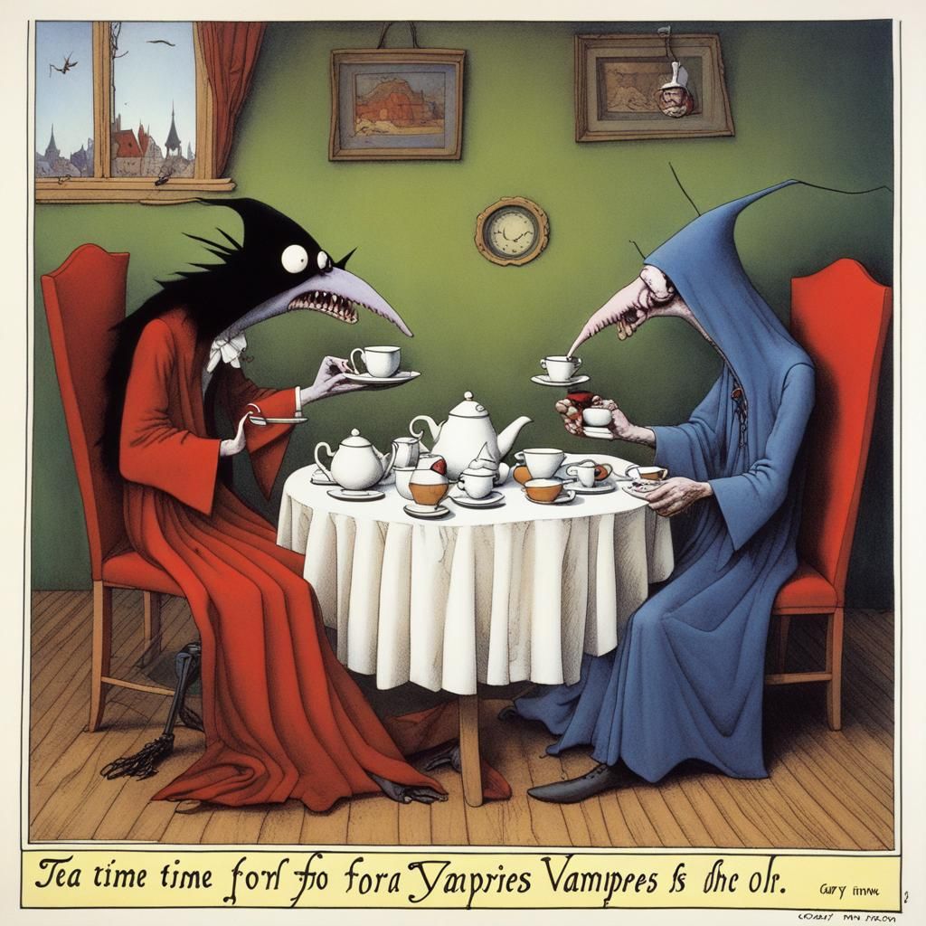 Vampires' Surreal Tea Party in Cartoon Style