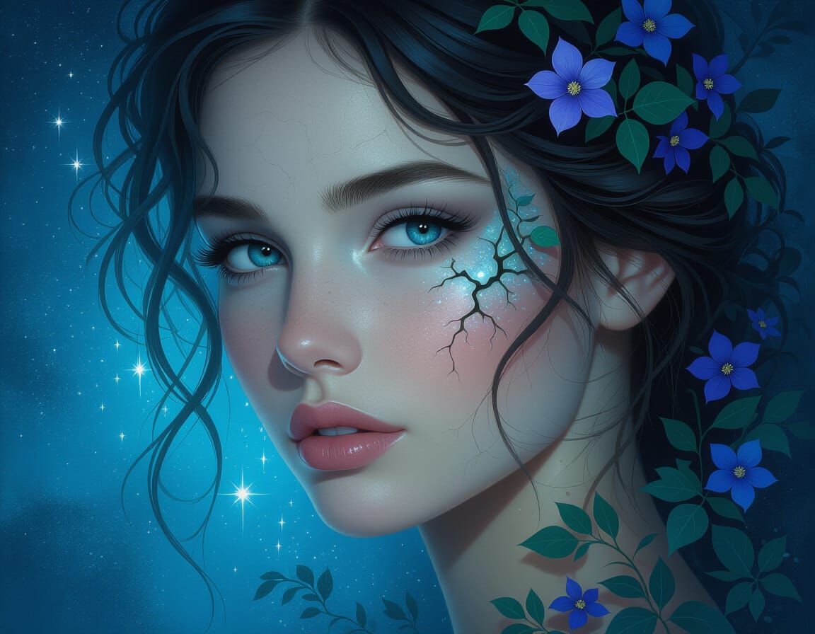 Ethereal Woman Portrait with Overgrown Flora in Starlit Glow