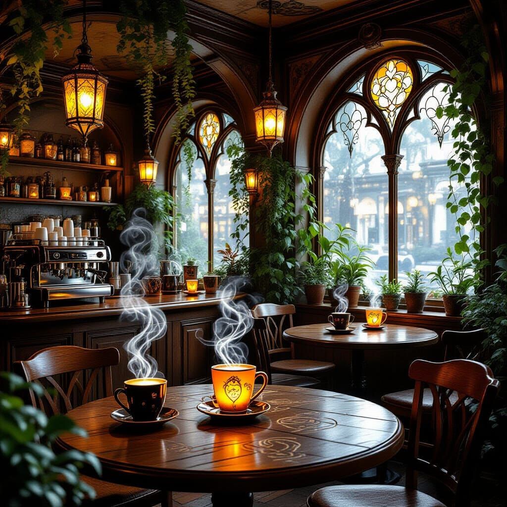 Magical Coffee Shop Interior with Rune Steam and Golden Ligh...