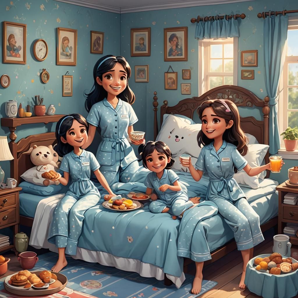 Cartoon Girl in Blue Bed Serves Breakfast