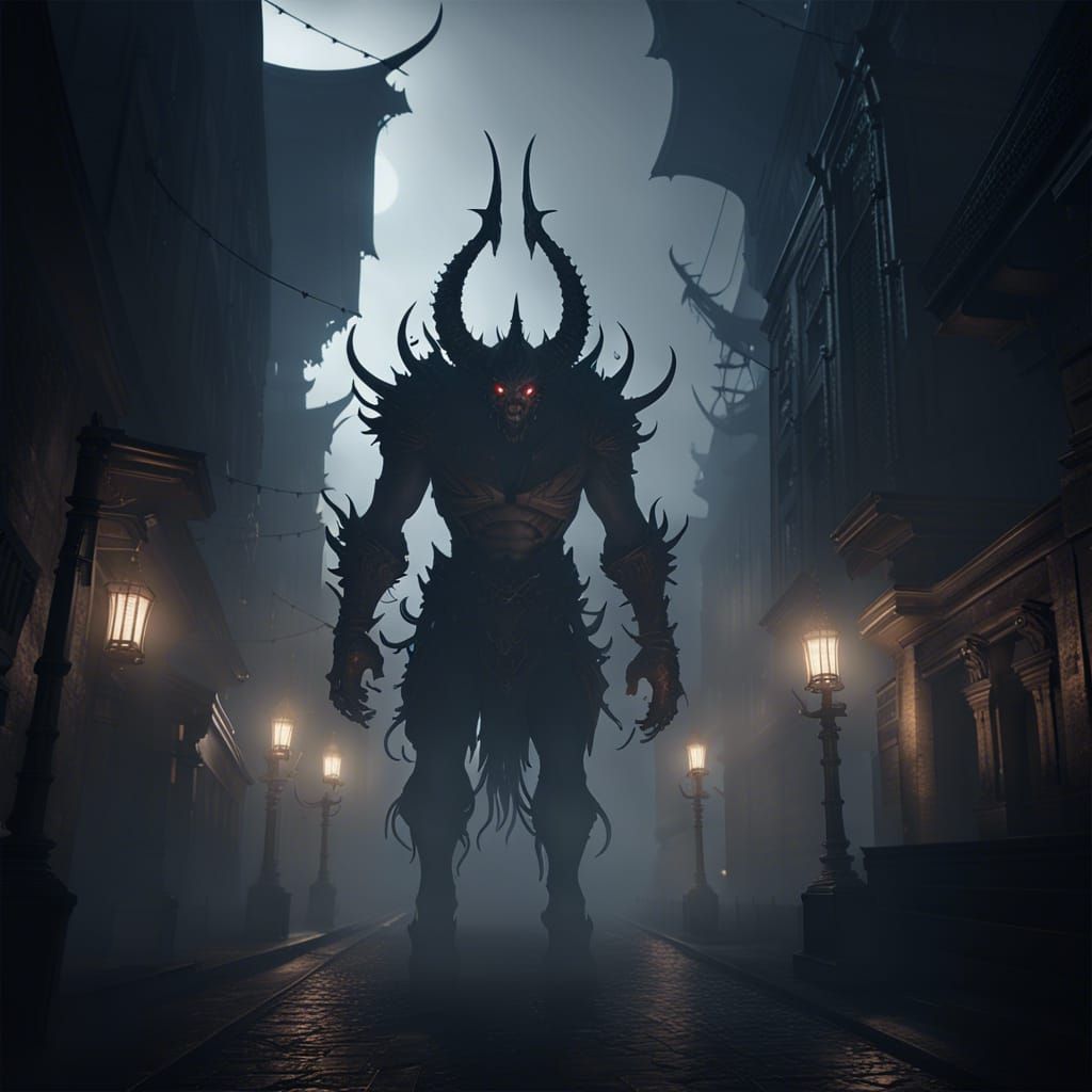 demon walk on city in mist ,darkly ambience , fromsoftware concept ,like darksoluls3  , ultradetailed 3D Game Cinematic ...