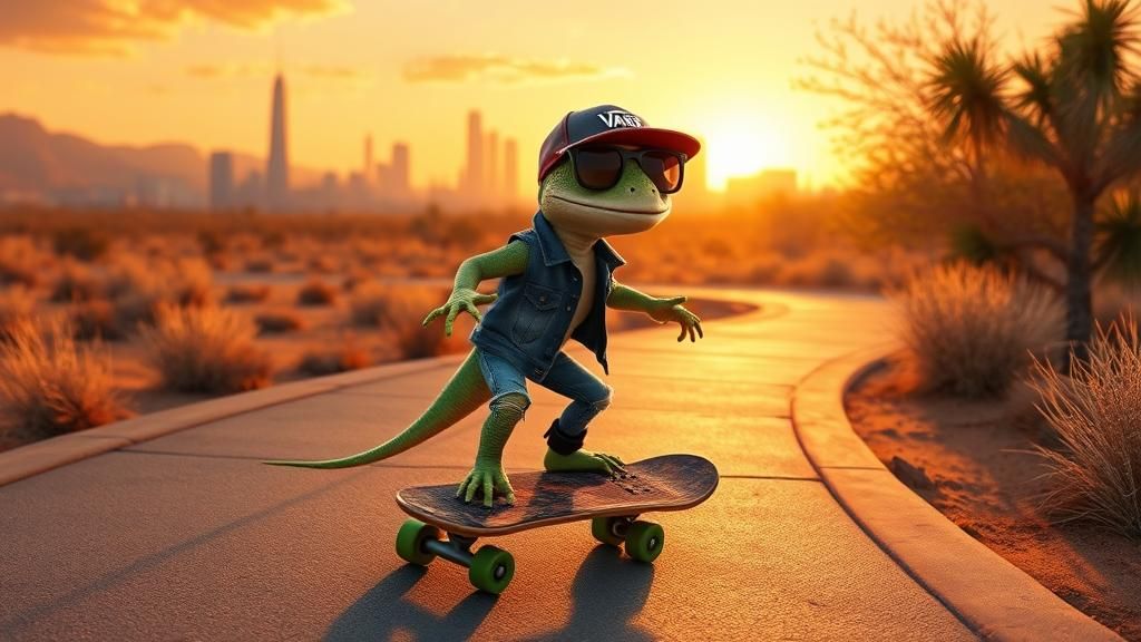 Lizard Skateboarder in Desert, Pixar Style