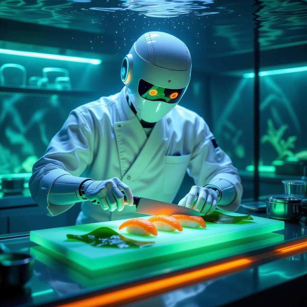Bioluminescent Robot Chef in Frutiger Aero Underwater Restau...