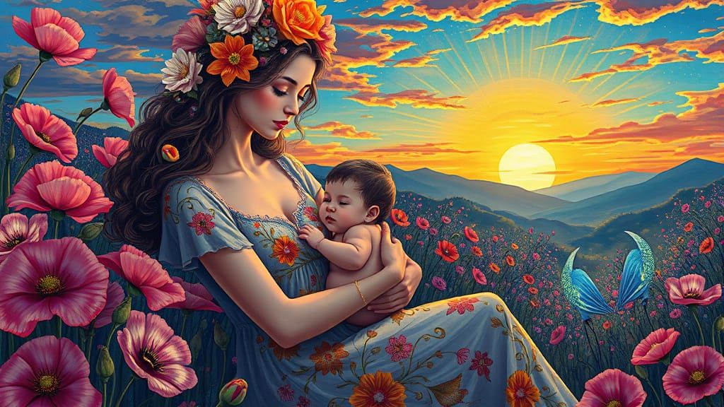 Mother in Dreamlike Himalayan Landscape with Iridescent Crea...