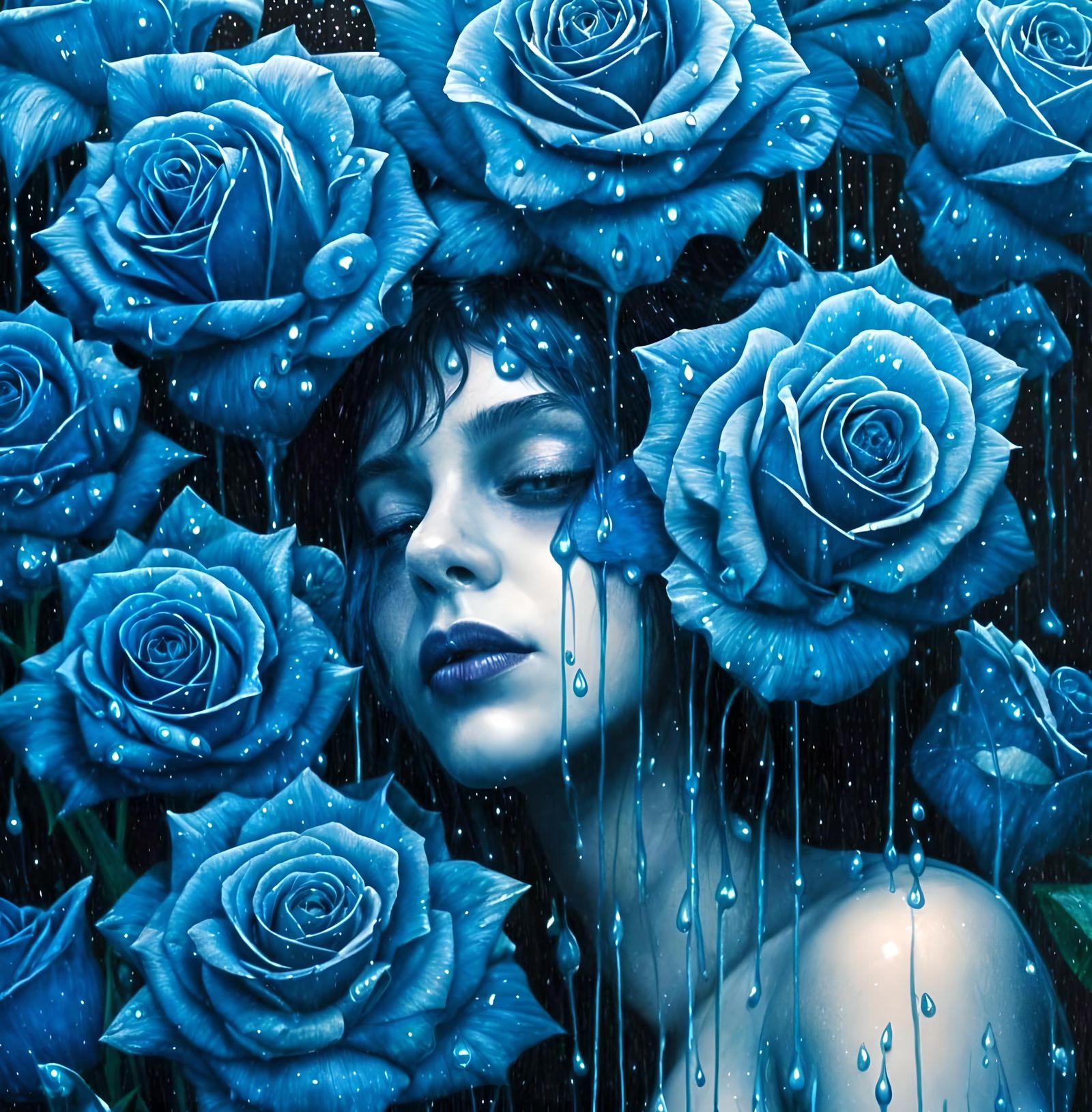 Blue Roses in Rain, Surreal Pointillism