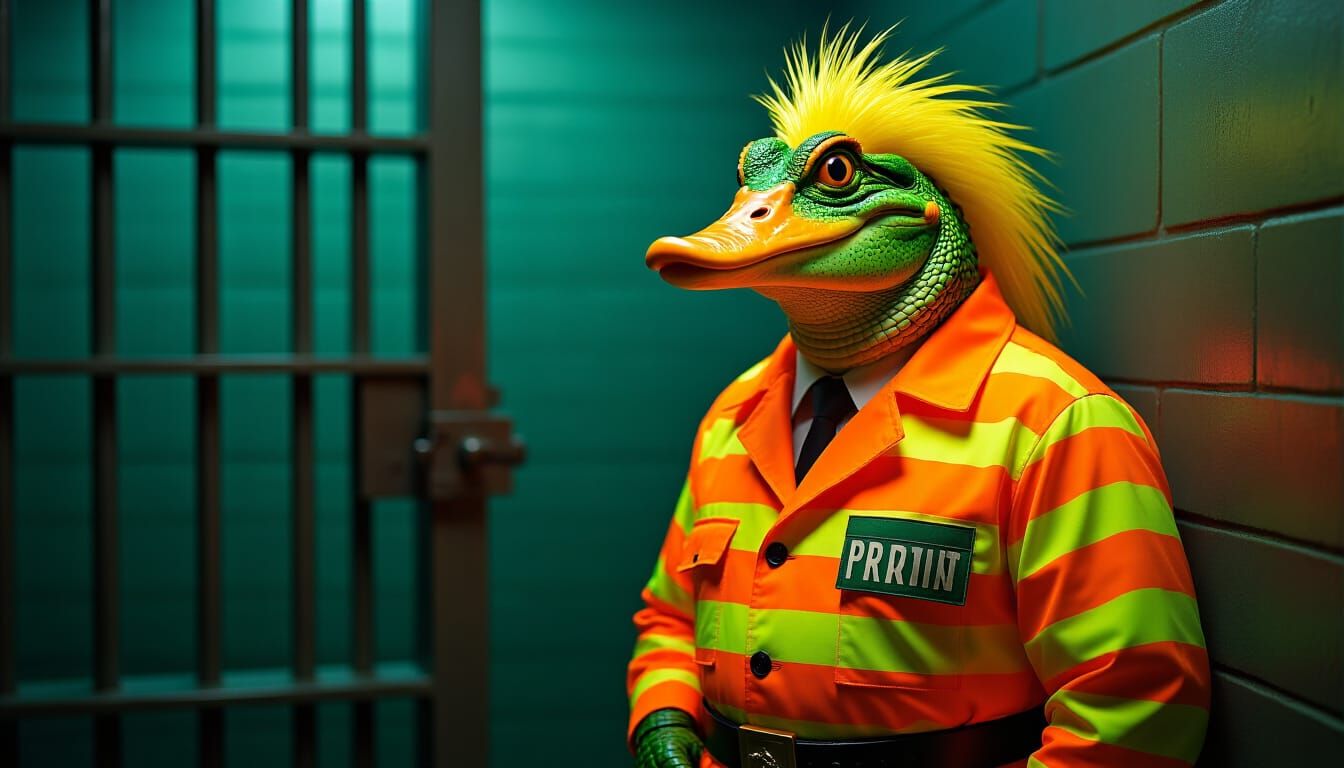 Duck in Prison Outfit, Vibrant Digital Art