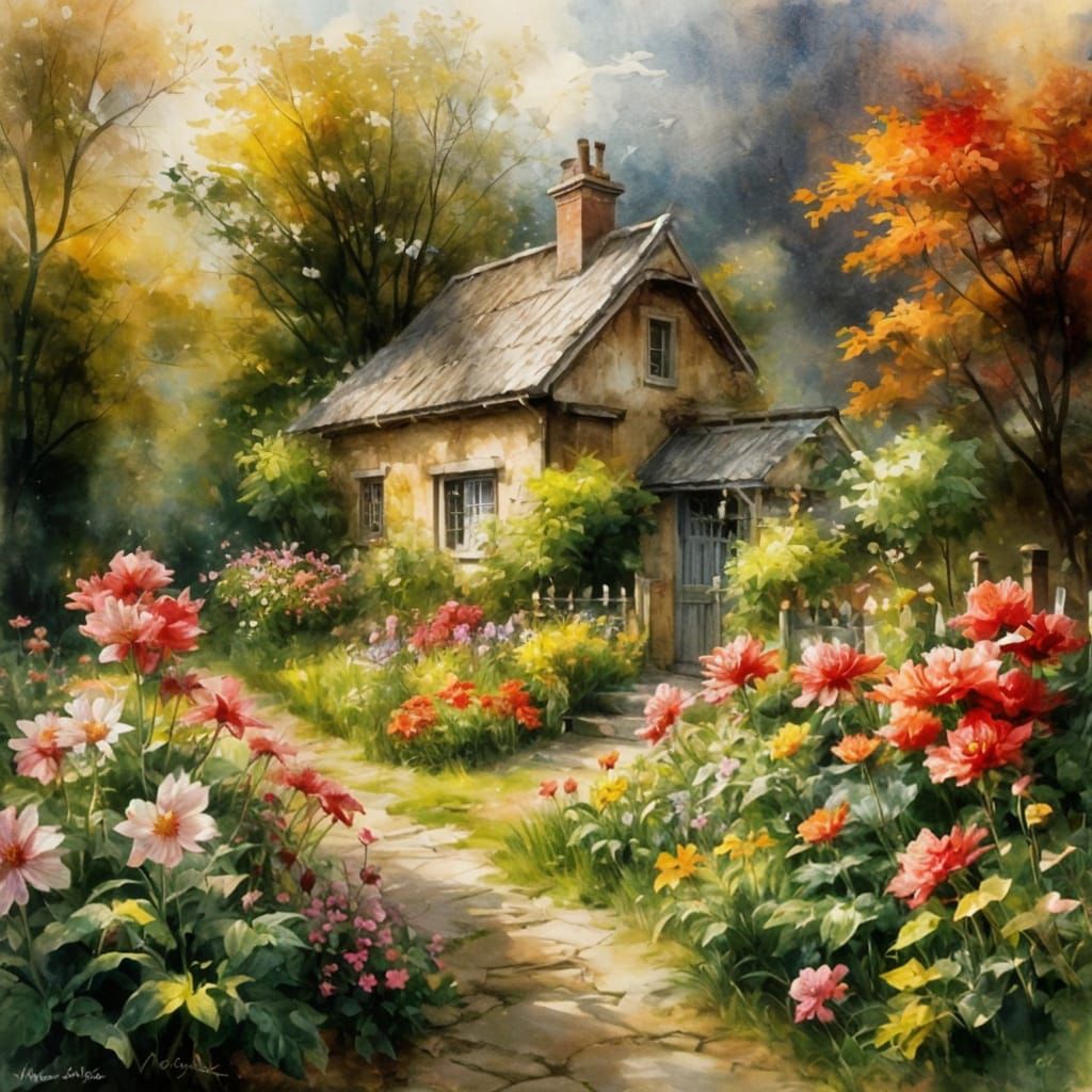 Cottage in a Garden: Watercolor Painting