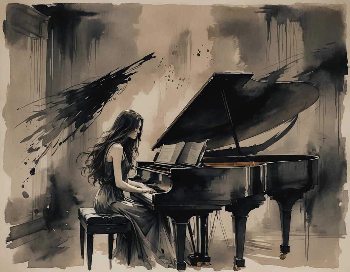 Melancholic Winged Woman at Piano in Ink Painting