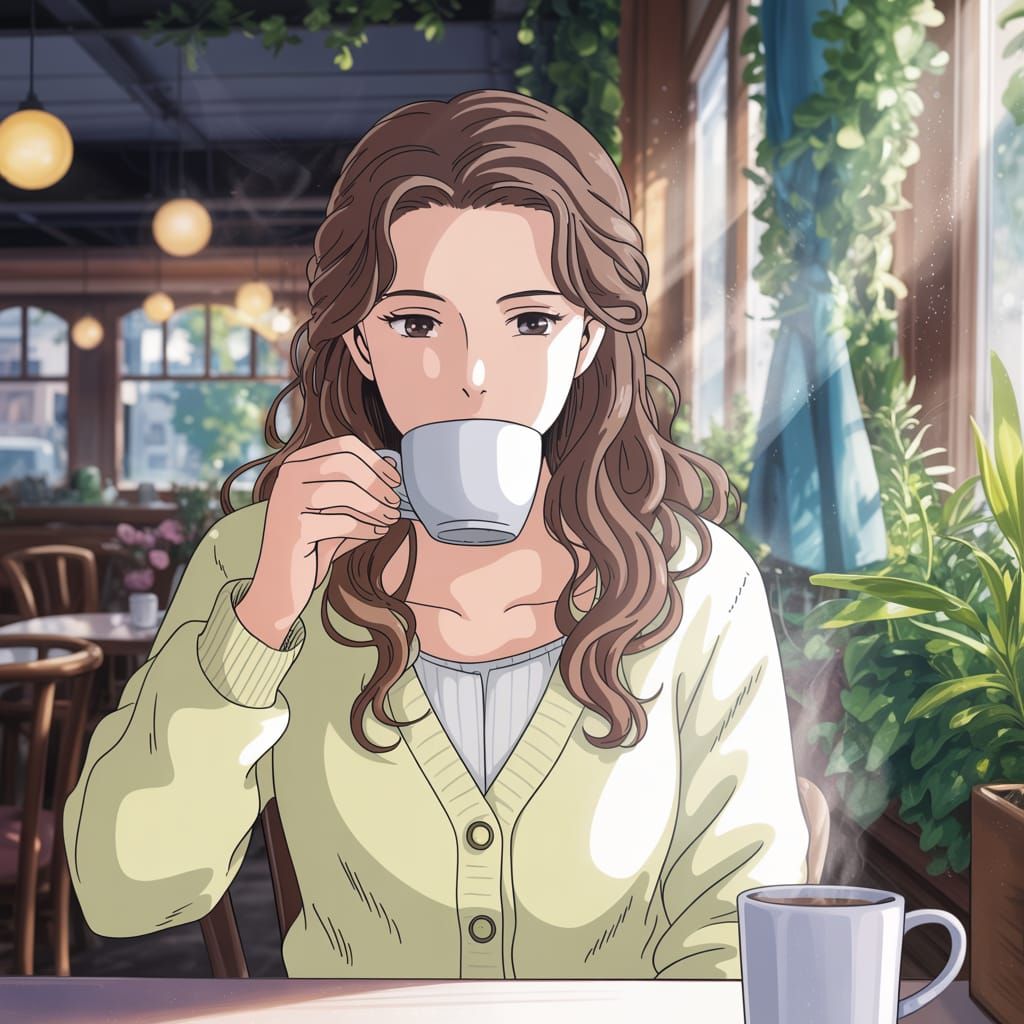 Cozy Cafe Manga Illustration of Woman Sipping Coffee