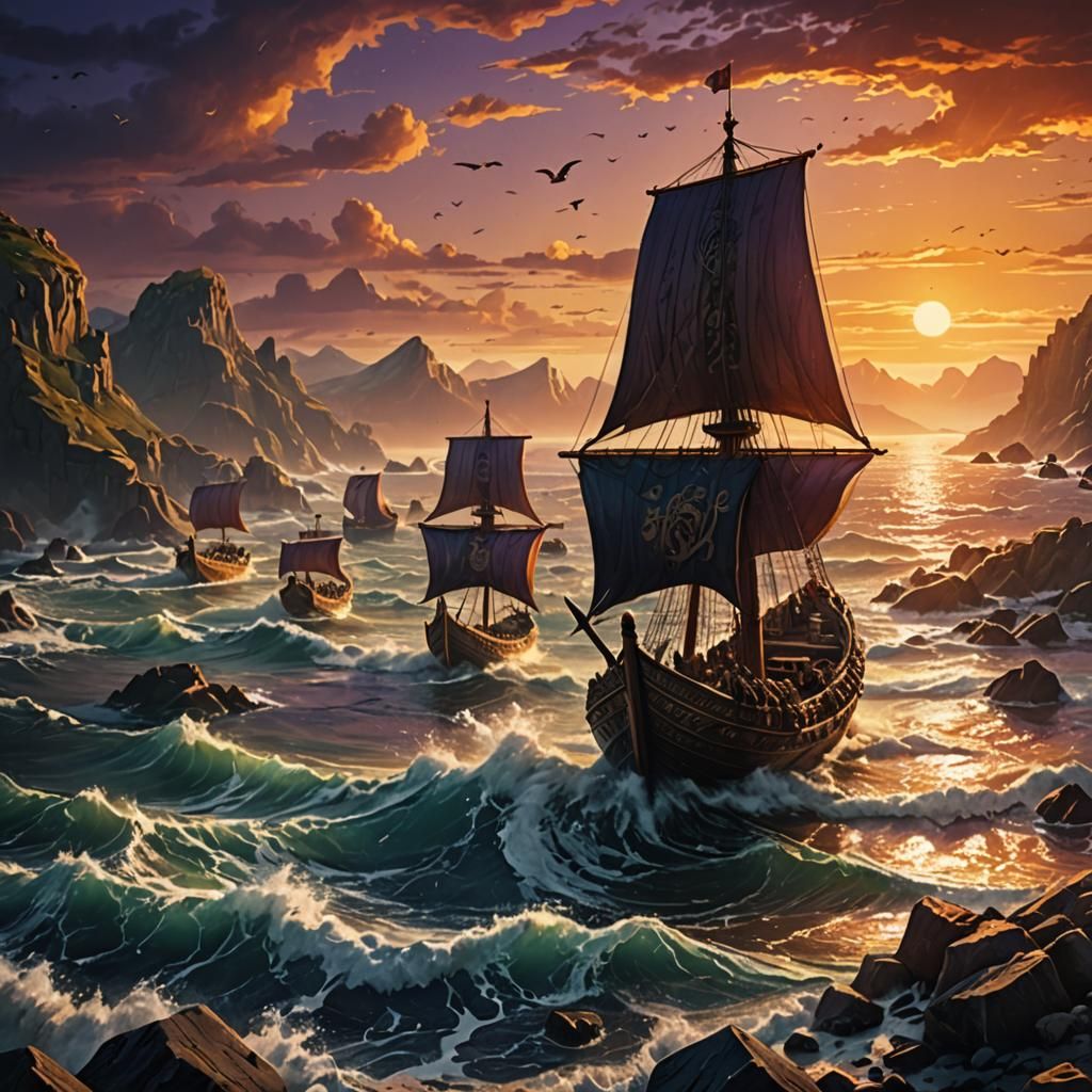 Viking Armada at Sunset: Fantasy Concept Art