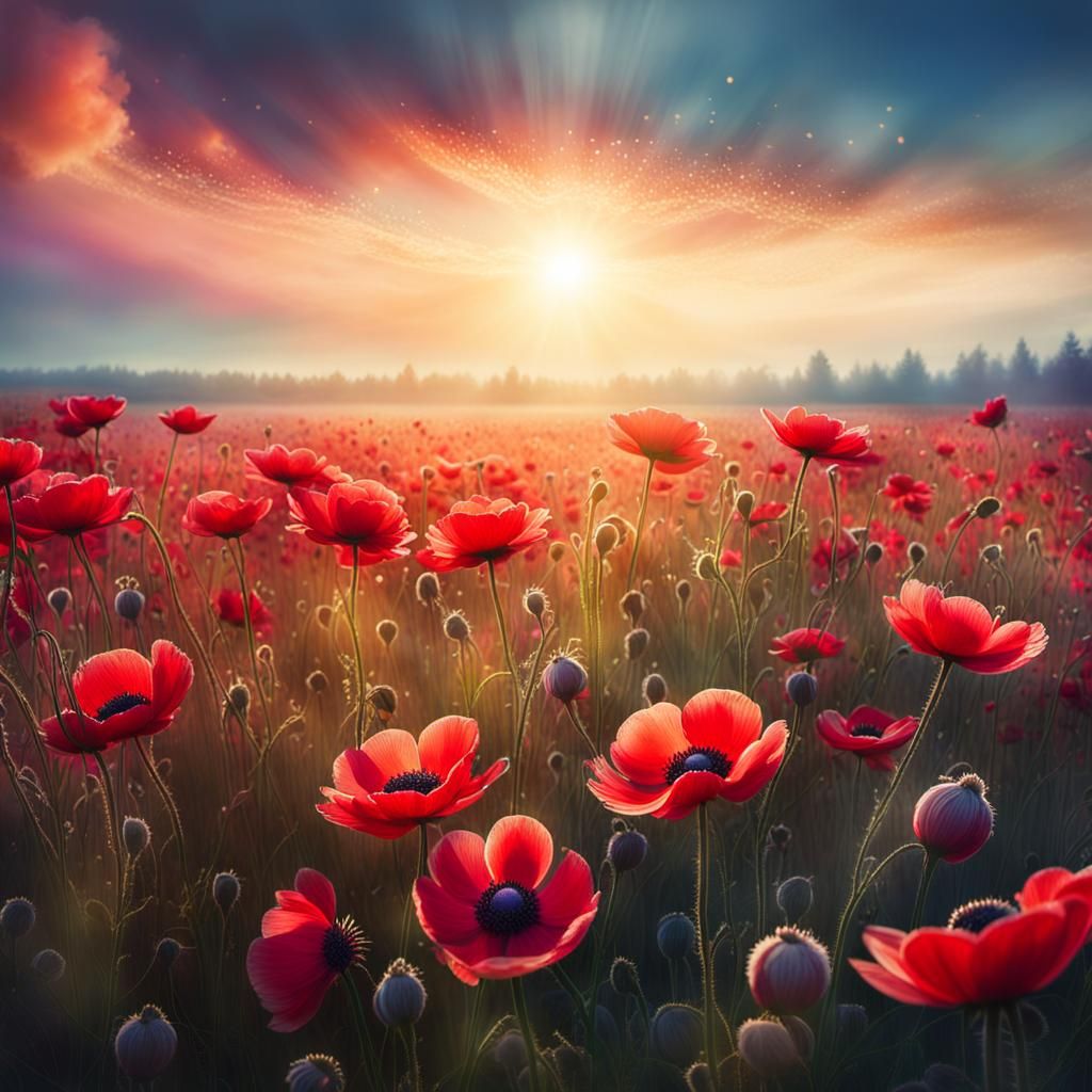 Whimsical Fantasy Landscape with Blooming Flowers and Soft F...